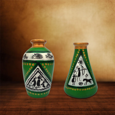 

iHandikart Handpainted Terracotta Warli Pots 4 Inch (Set of 2) 7013-11 Vase Filler(Table Pots)