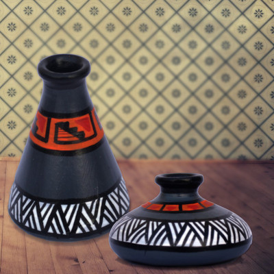 

iHandikart Handpainted Terracotta Warli Pots 4 Inch (Set of 2) 7002-13 Vase Filler(Table Pots)