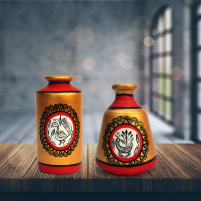 

iHandikart Handpainted Terracotta Warli Pots 4 Inch (Set of 2) 7015-15 Vase Filler(Table Pots)