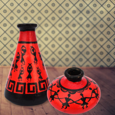 

iHandikart Handpainted Terracotta Warli Pots 4 Inch (Set of 2) 7014-13 Vase Filler(Table Pots)