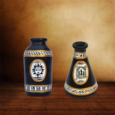 

iHandikart Handpainted Terracotta Warli Pots 4 Inch (Set of 2) 7001-11 Vase Filler(Table Pots)