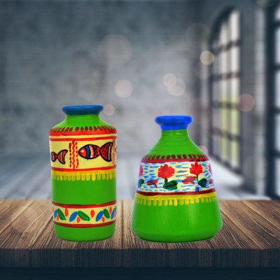 

iHandikart Handpainted Terracotta Warli Pots 4 Inch (Set of 2) 7003-15 Vase Filler(Table Pots)