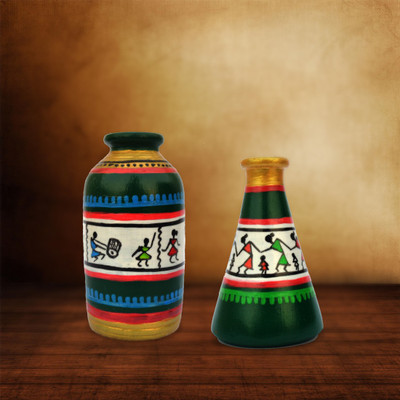 

iHandikart Handpainted Terracotta Warli Pots 4 Inch (Set of 2) 7009-11 Vase Filler(Table Pots)