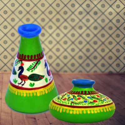 

iHandikart Handpainted Terracotta Warli Pots 4 Inch (Set of 2) 7003-13 Vase Filler(Table Pots)