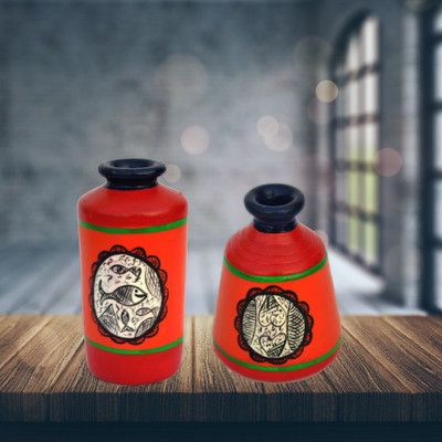 

iHandikart Handpainted Terracotta Warli Pots 4 Inch (Set of 2) 7004-15 Vase Filler(Table Pots)