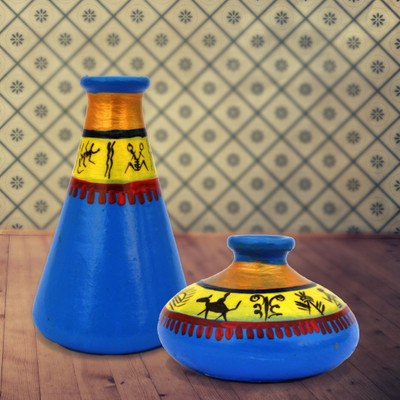 

iHandikart Handpainted Terracotta Warli Pots 4 Inch (Set of 2) 7012-13 Vase Filler(Table Pots)