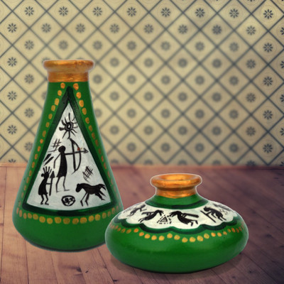 

iHandikart Handpainted Terracotta Warli Pots 4 Inch (Set of 2) 7013-13 Vase Filler(Table Pots)
