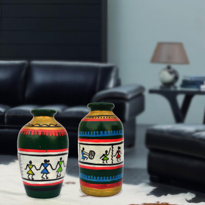 

iHandikart Handpainted Terracotta Warli Pots 4 Inch (Set of 2) 7009-12 Vase Filler(Table Pots)
