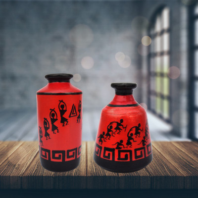 

iHandikart Handpainted Terracotta Warli Pots 4 Inch (Set of 2) 7014-15 Vase Filler(Table Pots)