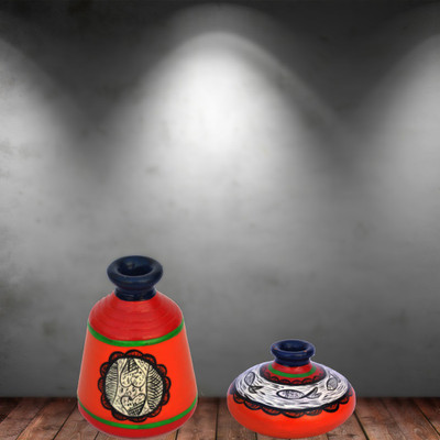 

iHandikart Handpainted Terracotta Warli Pots 4 Inch (Set of 2) 7004-14 Vase Filler(Table Pots)