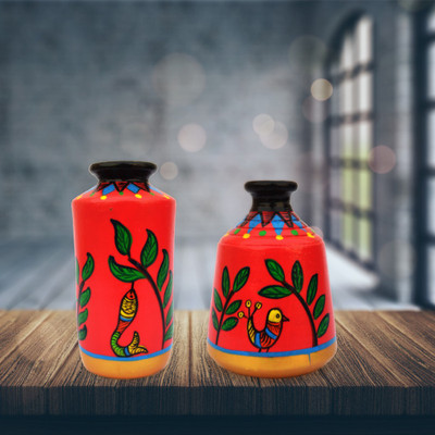 

iHandikart Handpainted Terracotta Warli Pots 4 Inch (Set of 2) 7010-15 Vase Filler(Table Pots)
