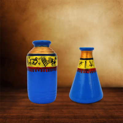 

iHandikart Handpainted Terracotta Warli Pots 4 Inch (Set of 2) 7012-11 Vase Filler(Table Pots)