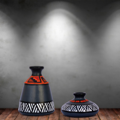 

iHandikart Handpainted Terracotta Warli Pots 4 Inch (Set of 2) 7002-14 Vase Filler(Table Pots)
