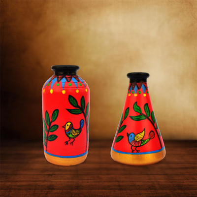 

iHandikart Handpainted Terracotta Warli Pots 4 Inch (Set of 2) 7010-11 Vase Filler(Table Pots)