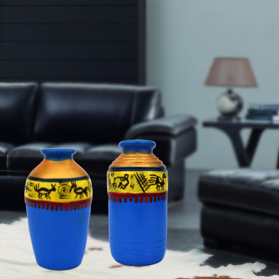 

iHandikart Handpainted Terracotta Warli Pots 4 Inch (Set of 2) 7012-12 Vase Filler(Table Pots)