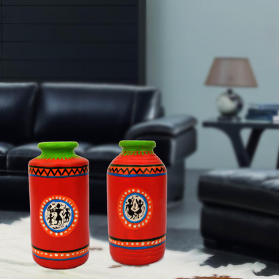 

iHandikart Handpainted Terracotta Warli Pots 4 Inch (Set of 2) 7011-12 Vase Filler(Table Pots)
