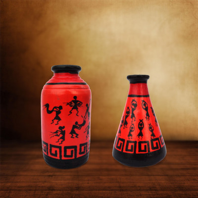 

iHandikart Handpainted Terracotta Warli Pots 4 Inch (Set of 2) 7014-11 Vase Filler(Table Pots)