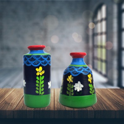 

iHandikart Handpainted Terracotta Warli Pots 4 Inch (Set of 2) 7016-15 Vase Filler(Table Pots)