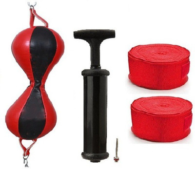 

FACTO POWER PURE LEATHER RED AND BLACK COLOR DOUBLE END 8 SHAPE BALL WITH AIR PUMP AND PAIR OF RED COLOR HAND WRAPS Boxing Kit