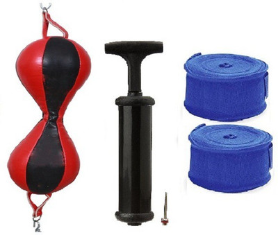 

Venom PURE LEATHER RED AND BLACK COLOR DOUBLE END 8 SHAPE BALL, AIR PUMP AND PAIR OF BLUE COLOR HAND WRAPS Boxing Kit