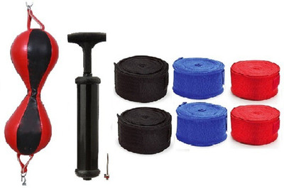 

Facto Power PURE LEATHER RED AND BLACK COLOR DOUBLE END 8 SHAPE BALL WITH AIR PUMP AND PAIR OF BLACK, BLUE AND RED COLOR HAND WRAPS Boxing Kit