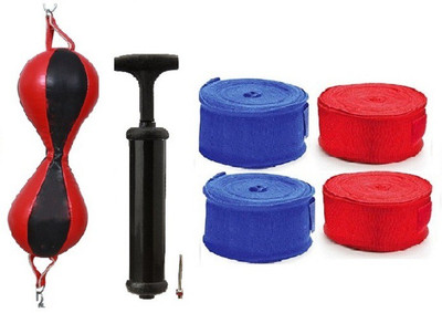 

Venom PURE LEATHER RED AND BLACK COLOR DOUBLE END 8 SHAPE BALL, AIR PUMP AND PAIR OF BLUE AND RED COLOR HAND WRAPS Boxing Kit
