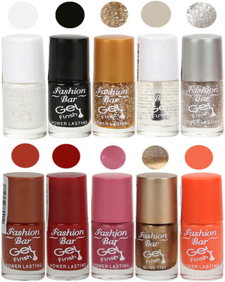 Fashion Bar Velvet Gel Finish Nail Polish White, Black, Gold, Clear, Grey, Nude, Red, Purple, Gold, Orange(Pack of 10)