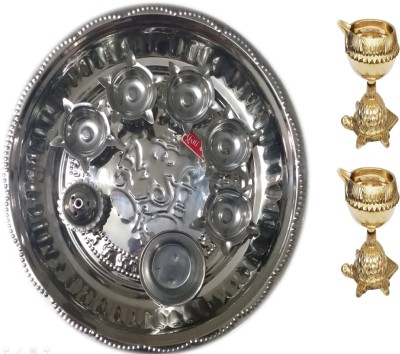 

pooja Steel Thali Pooja set Ganpati Drawing ( Agarbatti stand & 5 diya Batti & KumKum Small Dish) With 2 Golden Diya Batti Tortoise Design Steel(3 Pieces, Steel, Gold)