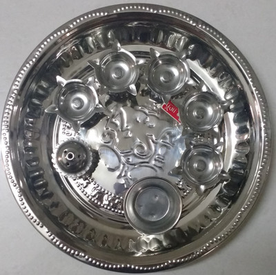 

pooja Steel Pooja Thali With 5 Diya batti & Steel agarbati stand & KumKum Small Dish Attachments Steel(Silver)