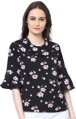 HARPA Casual Bell Sleeve Floral Print Women Black Top