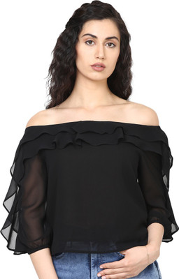 HARPA Party 3/4 Sleeve Solid Women Black Top
