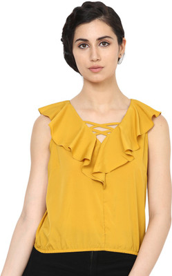 HARPA Casual Sleeveless Solid Women Yellow Top