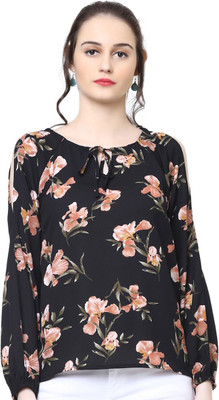 HARPA Casual Cold Shoulder Floral Print Women Black Top