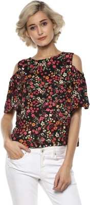 HARPA Casual Half Sleeve Printed Women Black Top