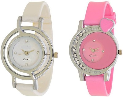 Gopal Retail Heart Pink Diamond Studded and Round White Pu Girl Watch Analog Watch  - For Girls   Watches  (Gopal Retail)