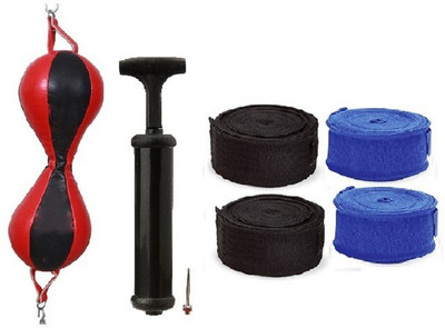 

Venom PURE LEATHER RED AND BLACK COLOR DOUBLE END 8 SHAPE BALL, AIR PUMP AND PAIR OF BLACK AND BLUE COLOR HAND WRAPS Boxing Kit