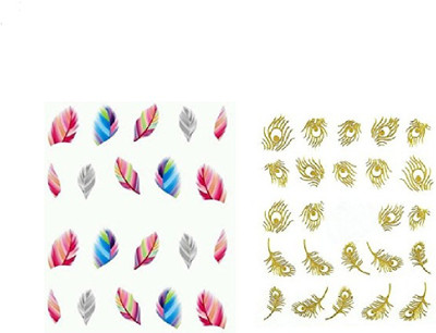 

stz Multicolour And Gold Feather Nail Stickers Combo, 2 Pieces.(multicolor)