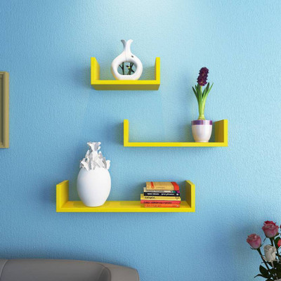 Decorasia U Shaped Floating Yellow Wooden Wall Shelf(Number of Shelves - 3, Yellow)