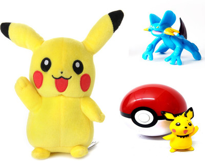 

srvsoft pikachu soft toy (15cm), 1 pokeball 7cm, 2 random pokemon - 15 cm(Yellow)