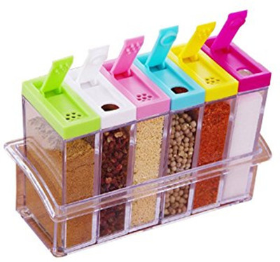 

Skywalk Kitchen Seasoning Bottles, Lid Colorful Seasoning Box 6 Pieces Set Transparent Plastic Spice Jar, Spices Pepper Shakers, Salt Sugar Cruet Storage Stand Box 6 Piece Condiment Set(Plastic)