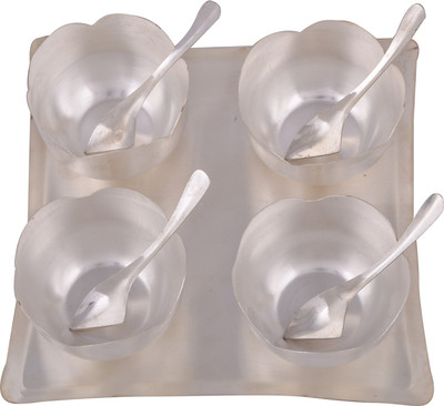 

Shreeng Silver Plated 4 Met Finesh Flower Ice Cream Bowl With Tray With Spoon Stainless Steel Decorative Platter(Silver, Pack of 9)