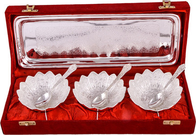 

Ellegent 3 Kamal Design Bowl With Spoon With Tray Silver Plated Decorative Platter(Silver, Pack of 7)