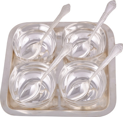 

Shreeng Silver Plated 4 Square Bowl With Tray With Spoon Stainless Steel Decorative Platter(Silver, Pack of 9)