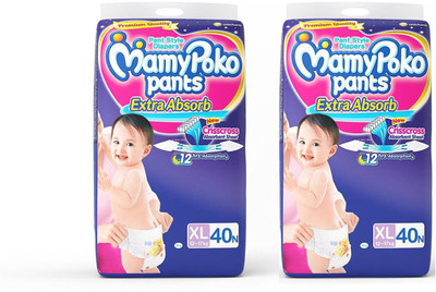 

MamyPoko EXTRA ABSORB PANT STYLE DIAPERS ( SET OF 02 PACKS OF 40 Pcs.) - XL(80 Pieces)