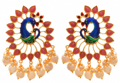 JFL Jewellery for Less Traditional Ethnic One Gram Gold Plated Meenakari Peacock Polki Diamond & Pearls Designer Earring for Girls and Women. Diamond Copper Drops & Danglers