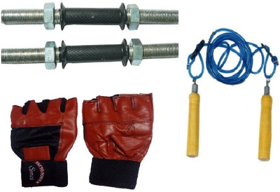 

FACTO POWER ZINC DUMBELL RODS, LEATHER MATERIAL, RED COLOR, GYM GLOVES AND WOODEN HANDLE BLUE COLOR SKIPPING ROPE Gym & Fitness Kit