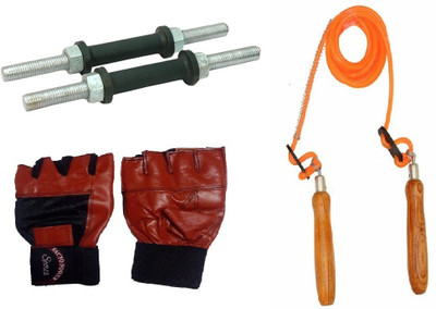 

FACTO POWER NICKLE DUMBELL RODS, LEATHER MATERIAL, RED COLOR, GYM GLOVES AND WOODEN HANDLE ORANGE COLOR SKIPPING ROPE Gym & Fitness Kit