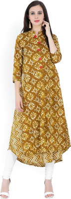 Vishudh Women Printed Frontslit Kurta(White, Brown)