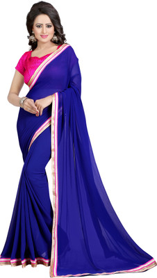 RASIKAA Solid/Plain Bollywood Chiffon Saree(Blue)