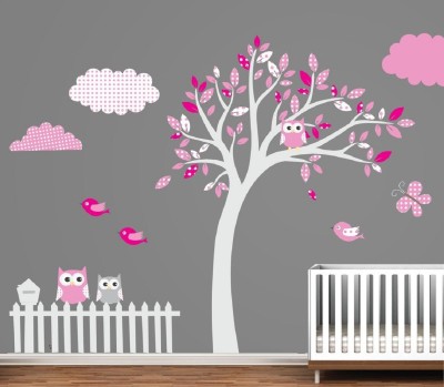 Asmi Collections 150 cm Beautiful Pink Tree Birds Owl for Kids Room Removable Sticker(Pack of 1)